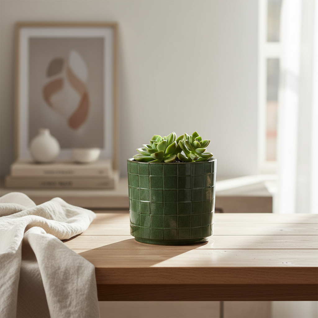 Blomsterpotte firkantet grønn keramikk, 14x14 cm medium størrelse for innendørs planter