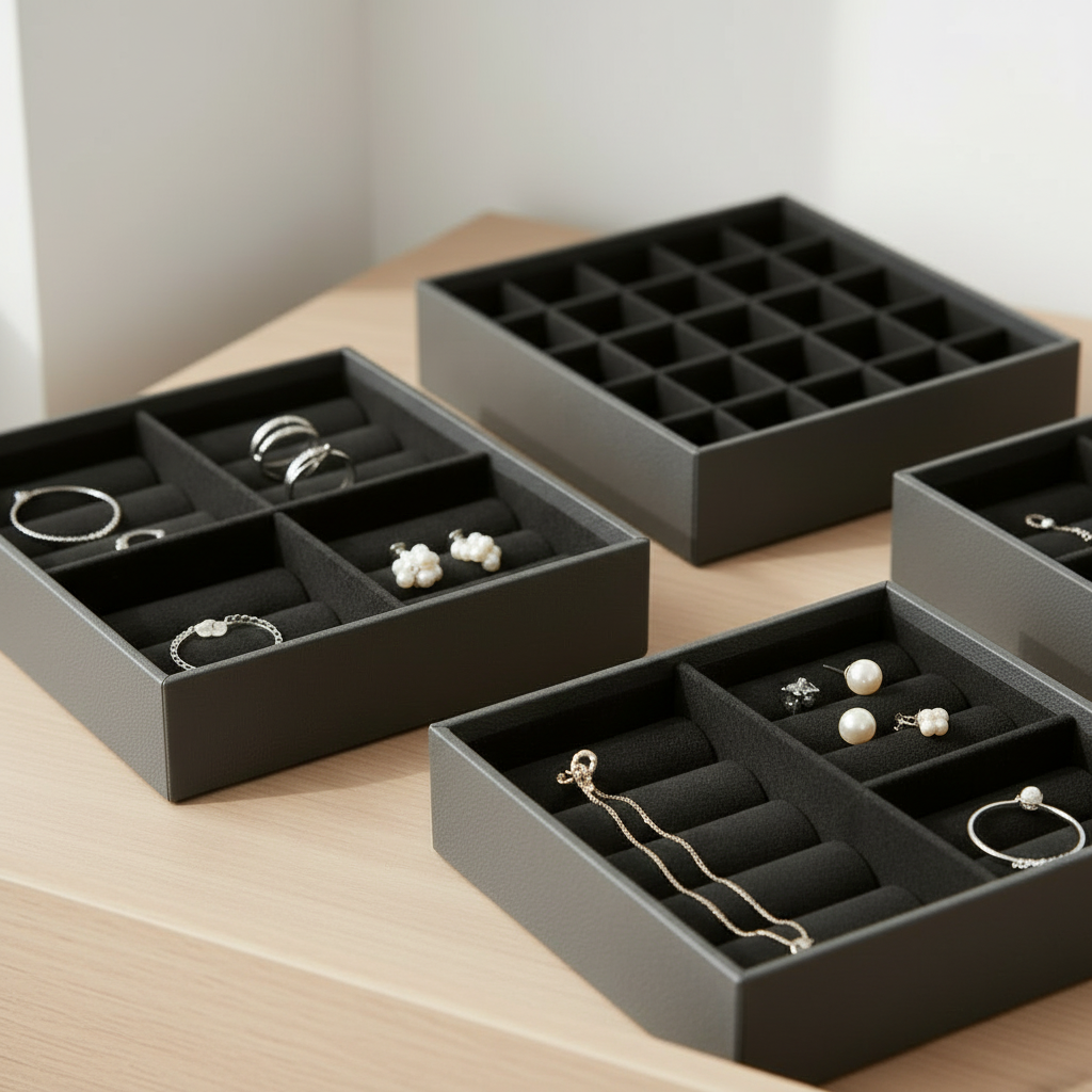 Smykkeboks svart kunstskinn åpen med 4 separate rom for smykkeoppbevaring