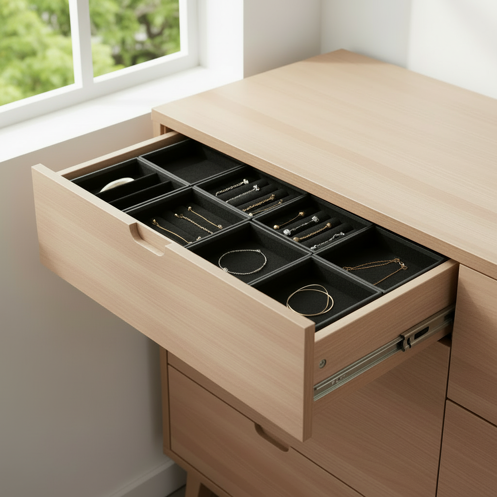 Smykkeboks 4 etasjer kunstskinn sort