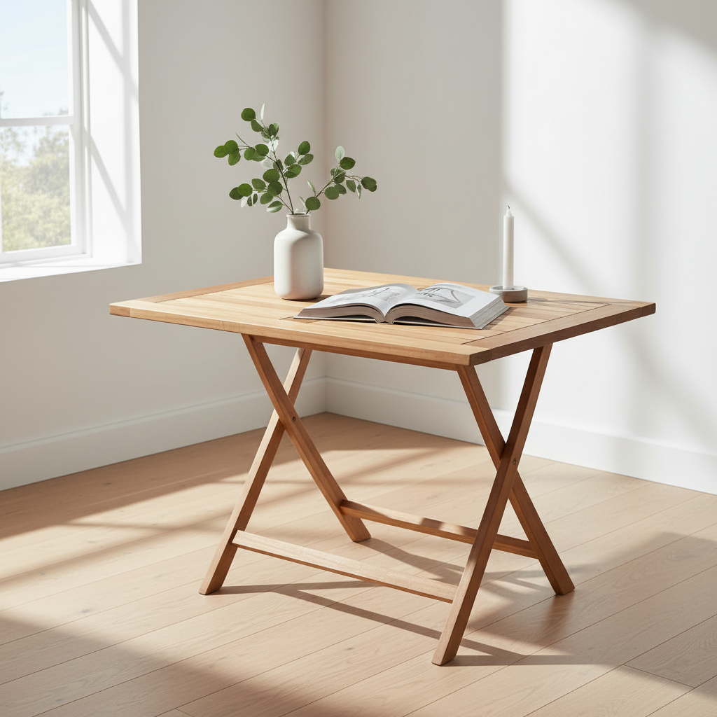 Kvadratiskt bild av ett sammanläggbart teakbord för utomhusanvändning. Herobilde