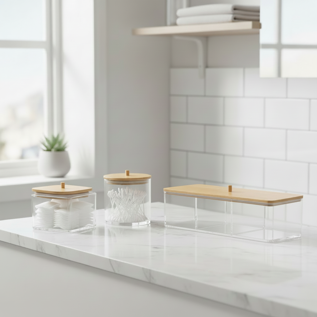 Makeup organizer bundle med bambuslokk og transparent oppbevaring til bad