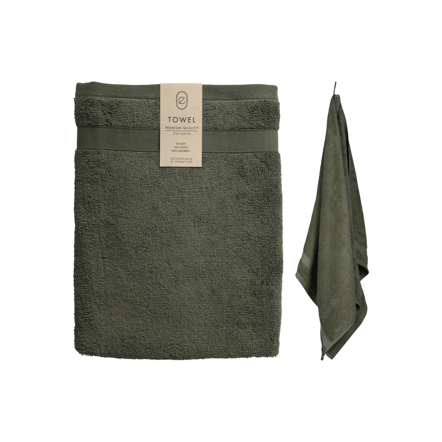 Grønt badehåndkle 70x140 cm i 100% bomull brettet på hvit bakgrunn