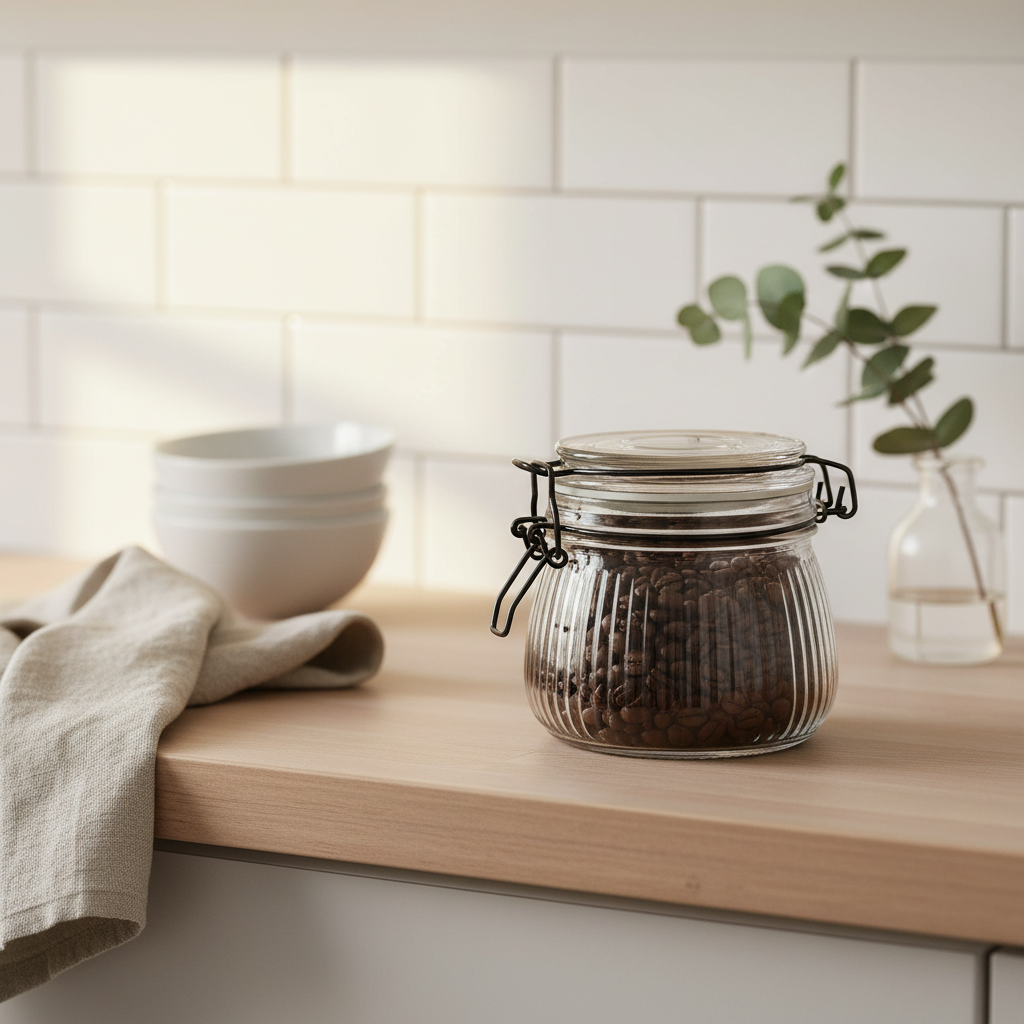 Nærbilde av LFGB-testet silikonring i lokk på stripet glasskrukke