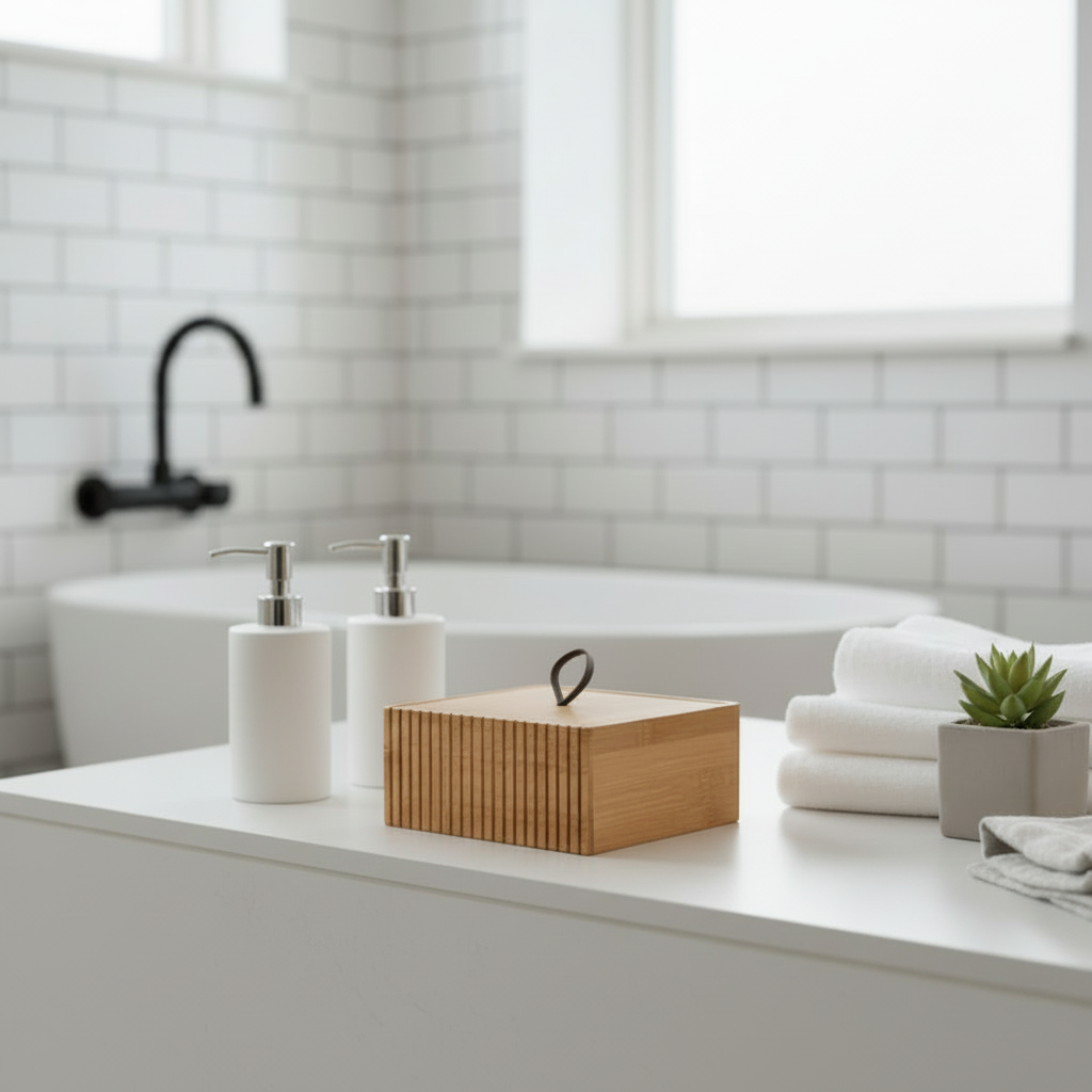 Oppbevaringsboks i FSC-sertifisert bambus 15x15x7cm med skinnstropp - nordisk design