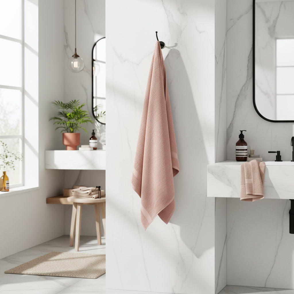 Rosa bomullshåndkle brettet på hvit bakgrunn