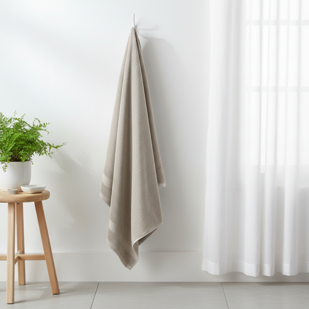 Sandfarge bomullshåndkle brettet på hvit bakgrunn