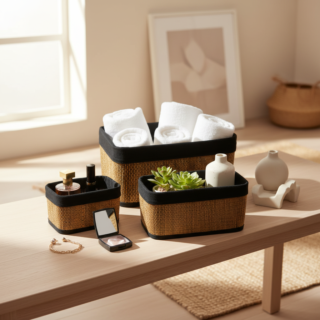 Kurvsett i bambus med sort linfôr, 3 størrelser til oppbevaring bad og vaskerom"