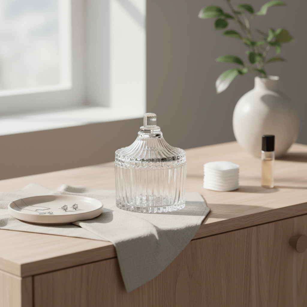 Glasskrukke stripet med lokk 6,5 x 9 cm - Lindas Dekor