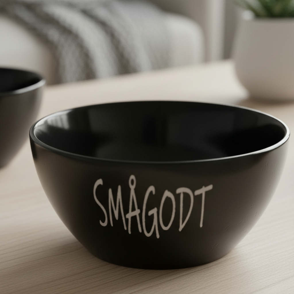 Detalj av sort keramikkskål med tekstdekor til godis og servering