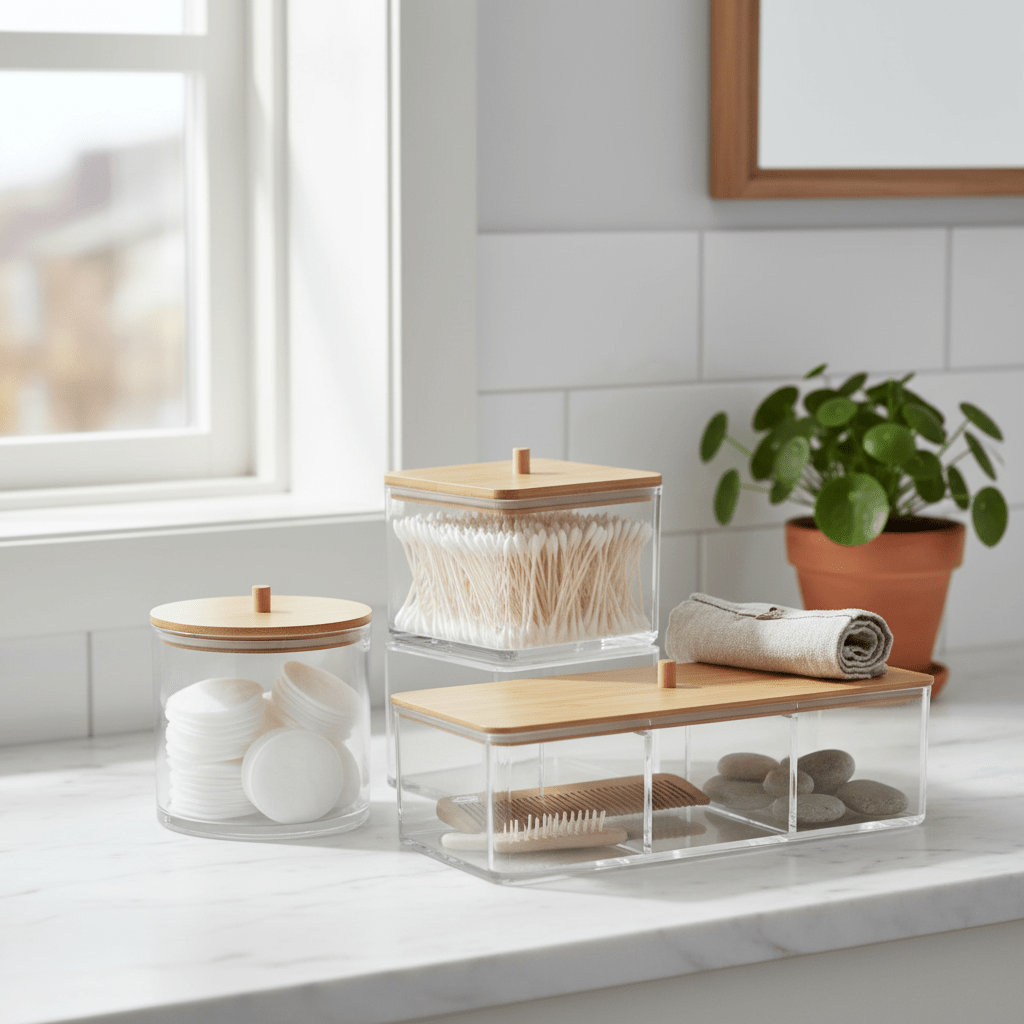 3 - pk oppbevaringsbokser akryl med bambuslokk - Lindas Dekor