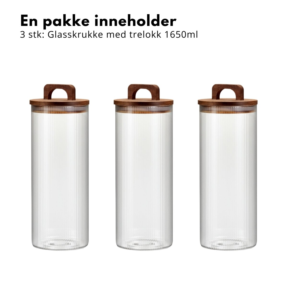 3 - pk krukke rillet glass 1650 ml - Lindas Dekor