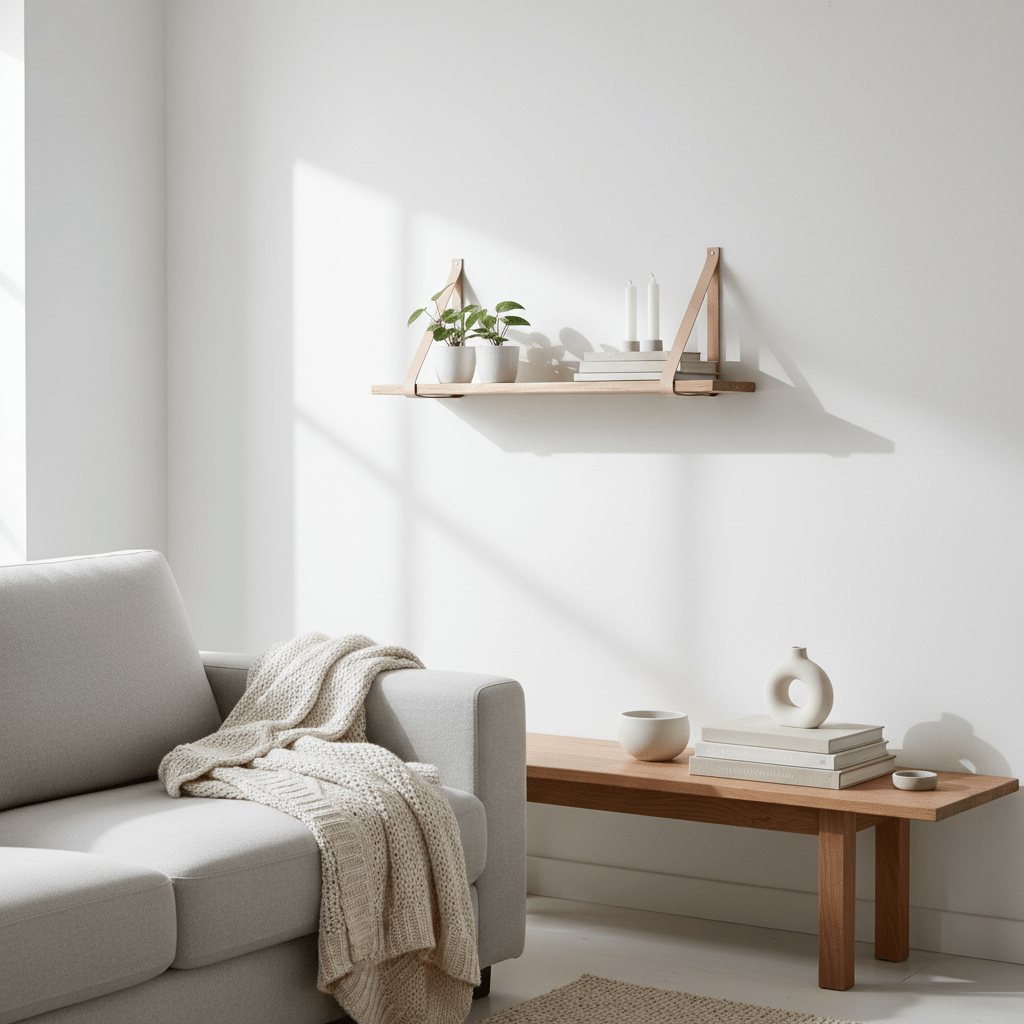 Forno hylle stylet med plante og dekor på grå vegg