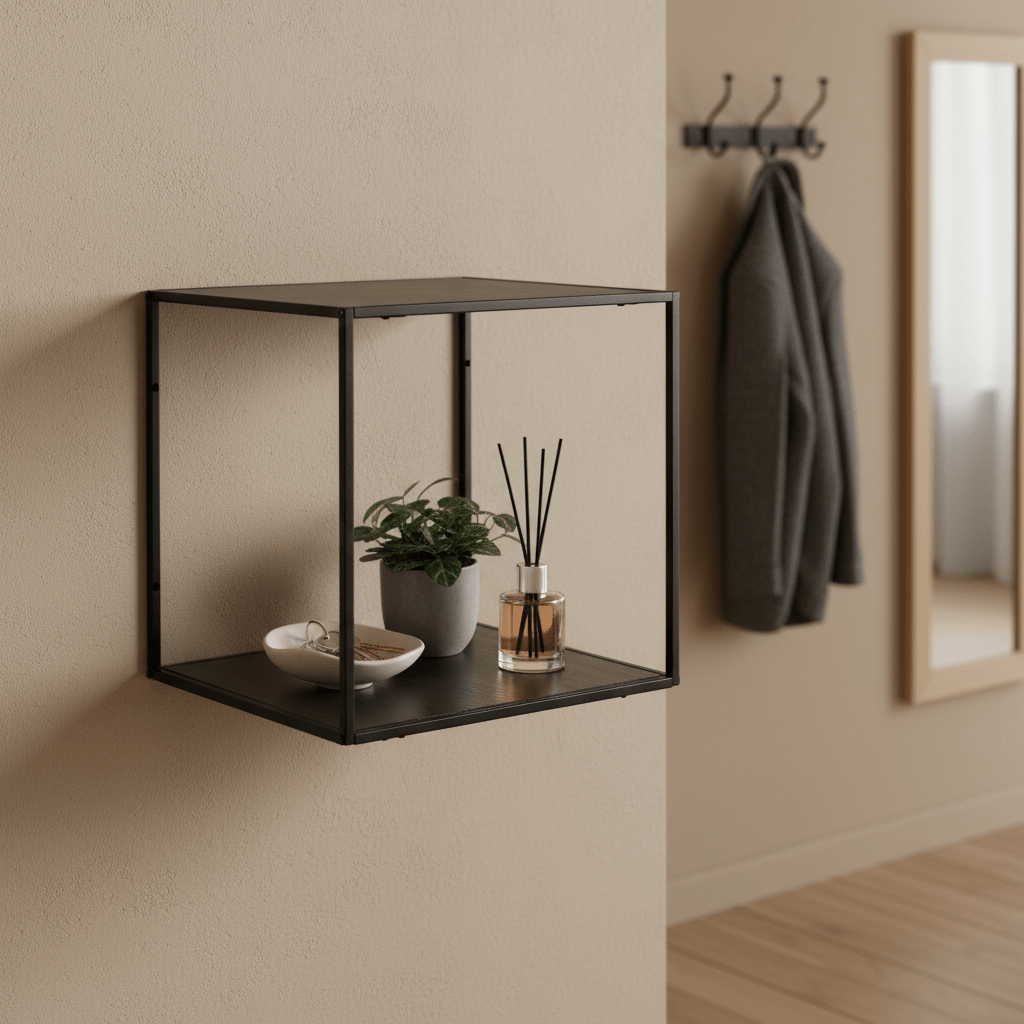 Vita kube vegghylle i sort metall 36 x 36 x 36 cm, produktbilde med dekor på lys bakgrunn