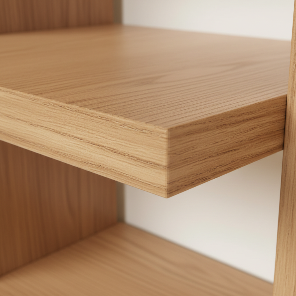 Vegghylle Olsberg i natur eikefiner med åpne rom, montert på vegg i lyst interiør