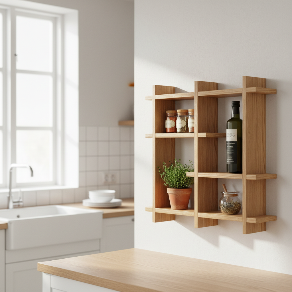 Nærbilde av eikefiner på Olsberg vegghylle, synlig trestruktur og overflate