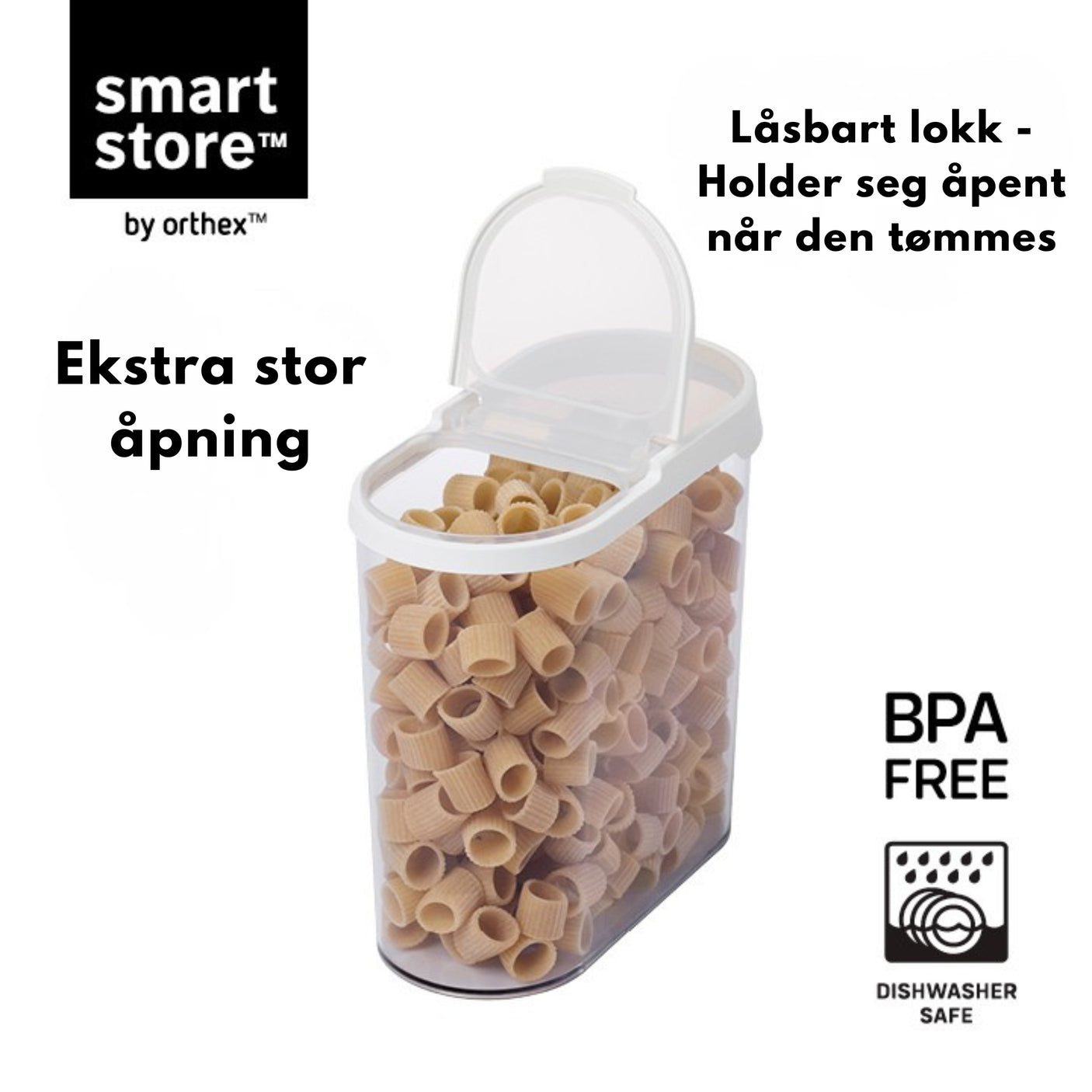 Transparent tørrmatbeholder til kjøkken