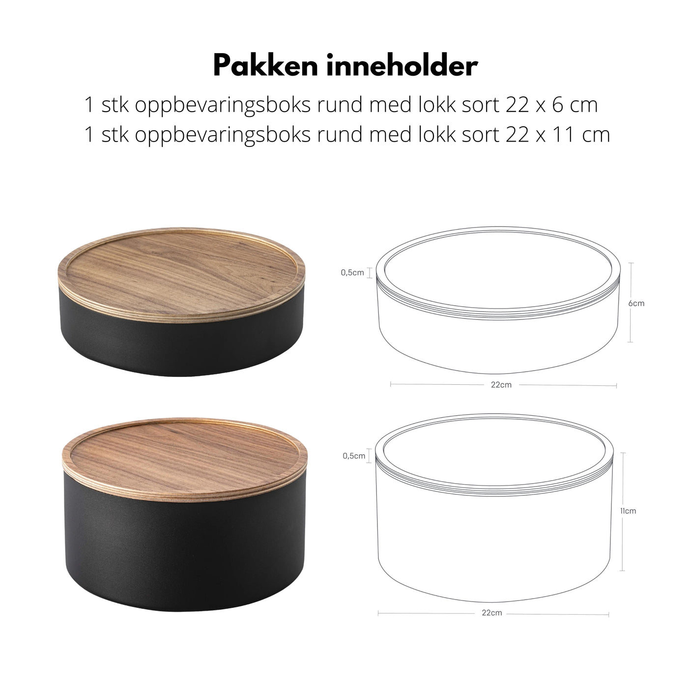 2 - pk oppbevaringsbokser rund med lokk sort - Lindas Dekor