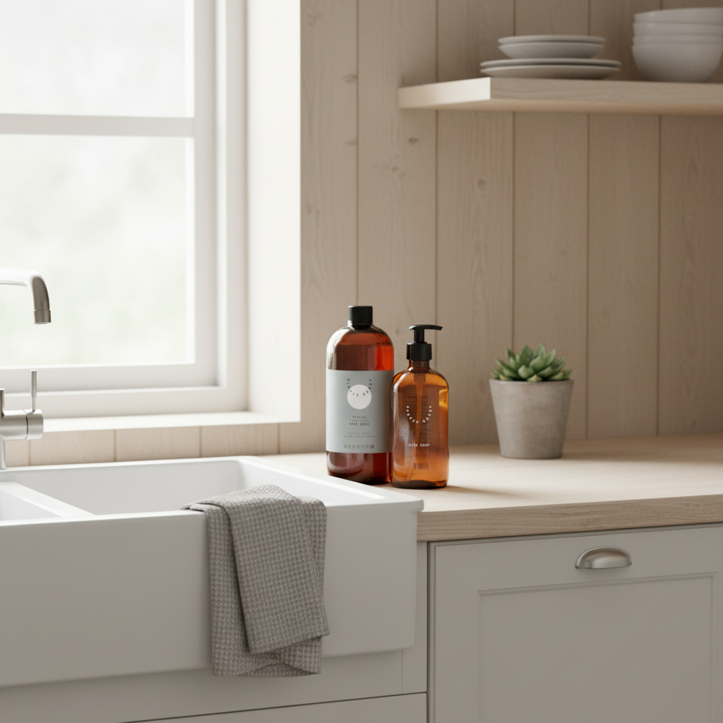 oppvasksåpe refill i brun flaske med grønn etikett