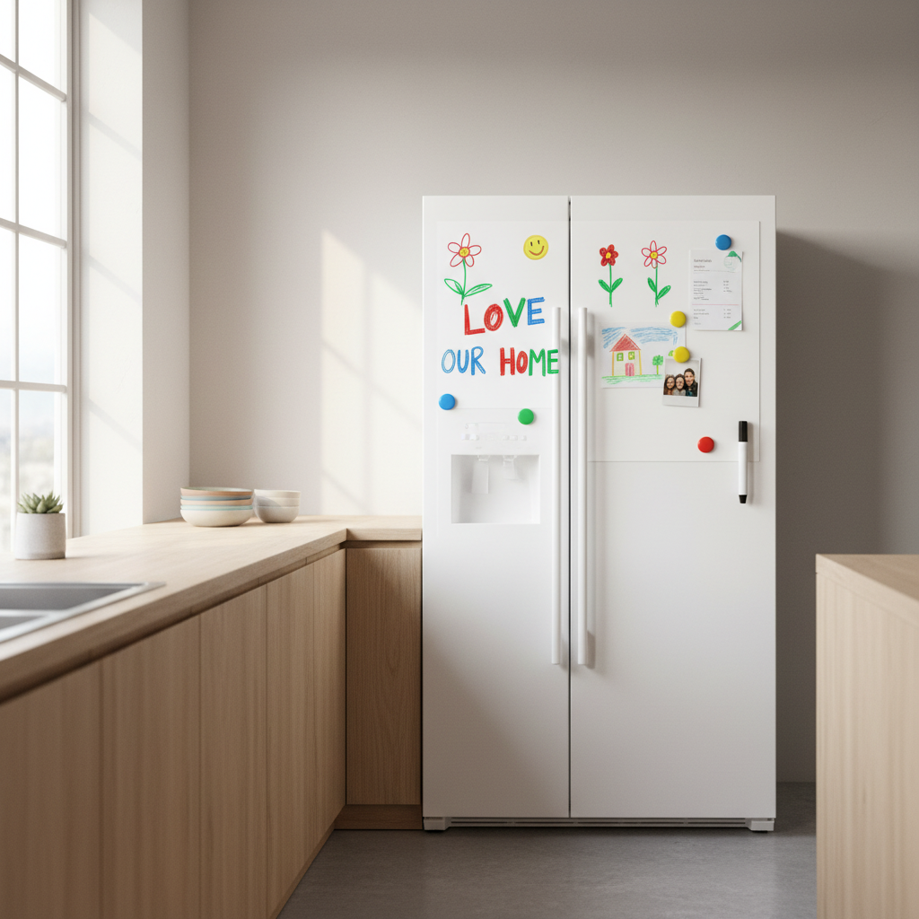 Magnetisk whiteboardfolie på kjøleskap med fargerike lapper