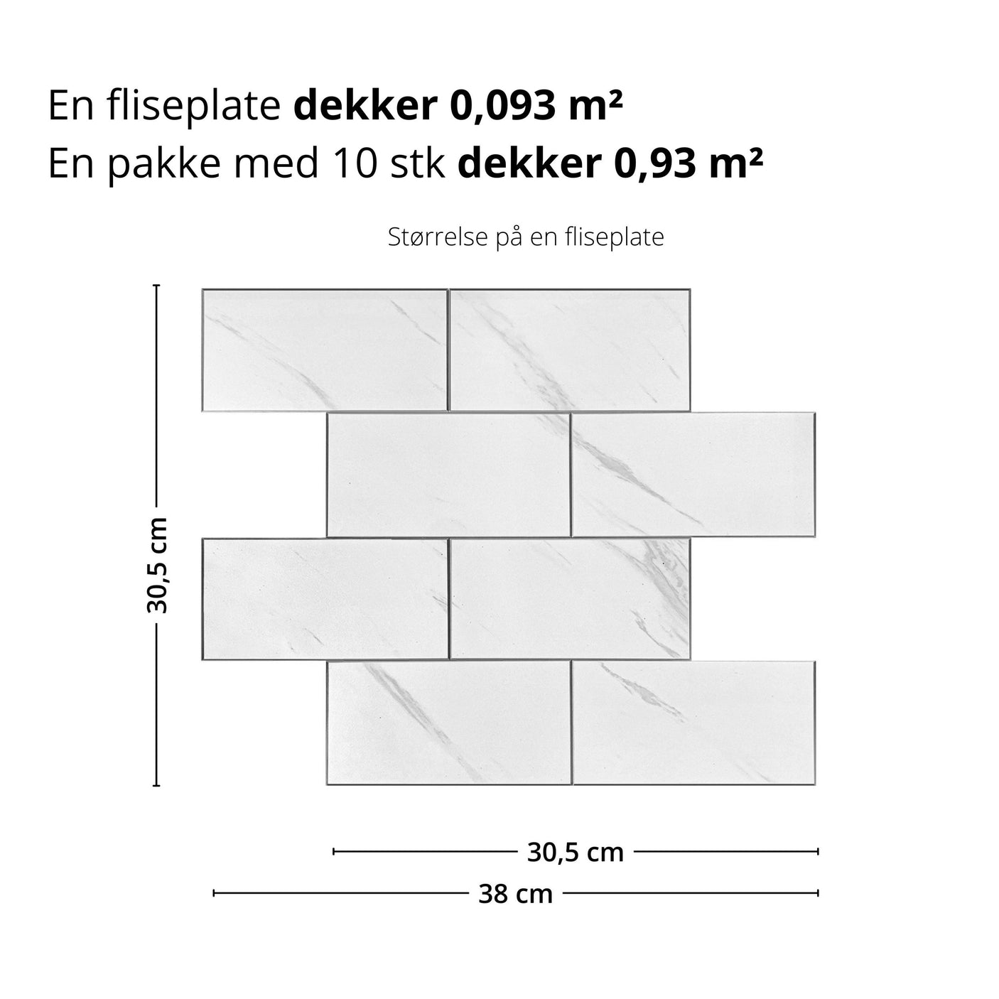 Illustrasjon av størrelse og dekkevne for Stein marmor veggfliser – 30,5 x 38 cm.