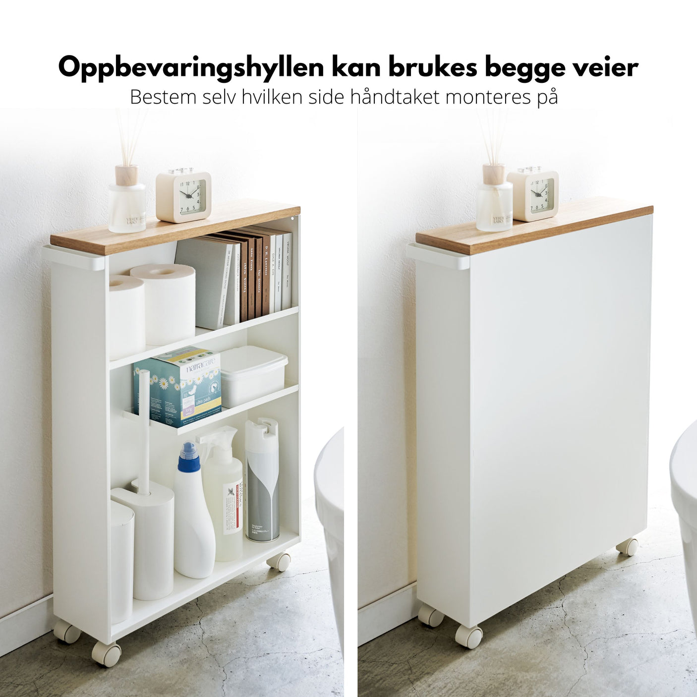 Oppbevaringshylle kan brukes begge veier. Åpen vs skjult løsning