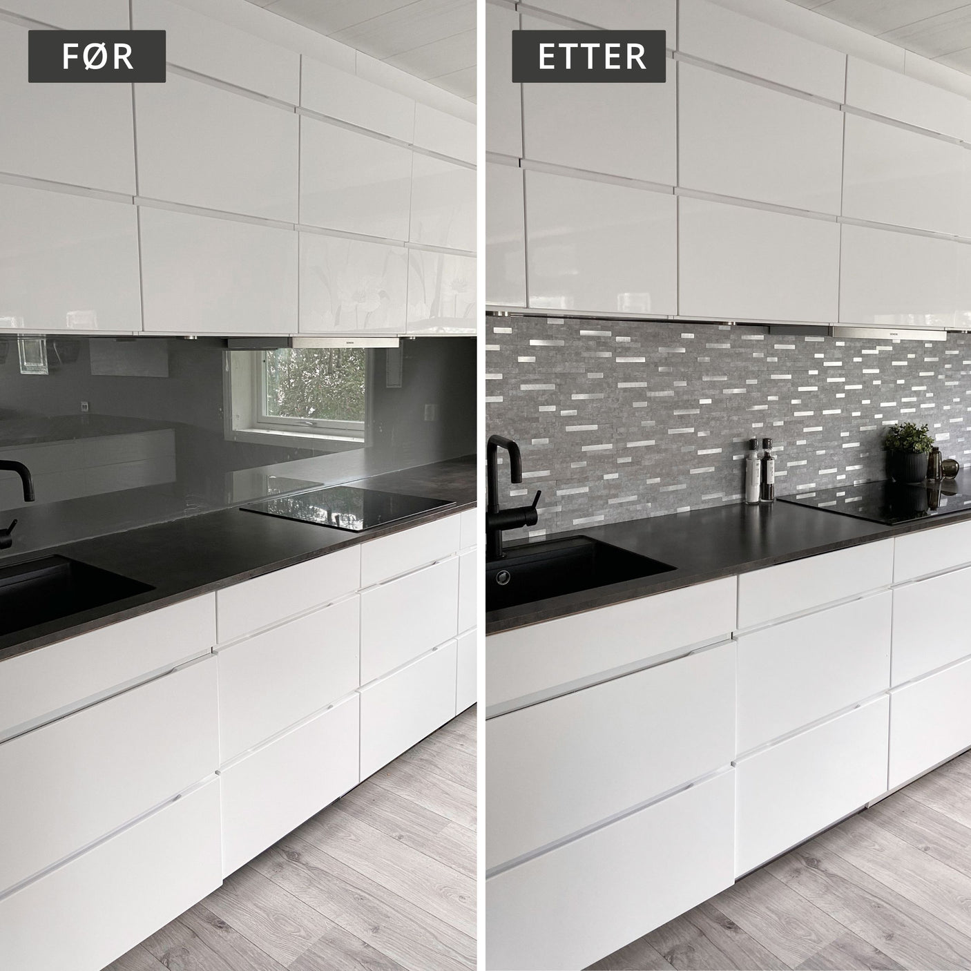 Før og etter av Stein lys grå selvklebende fliser på kjøkkenvegg.