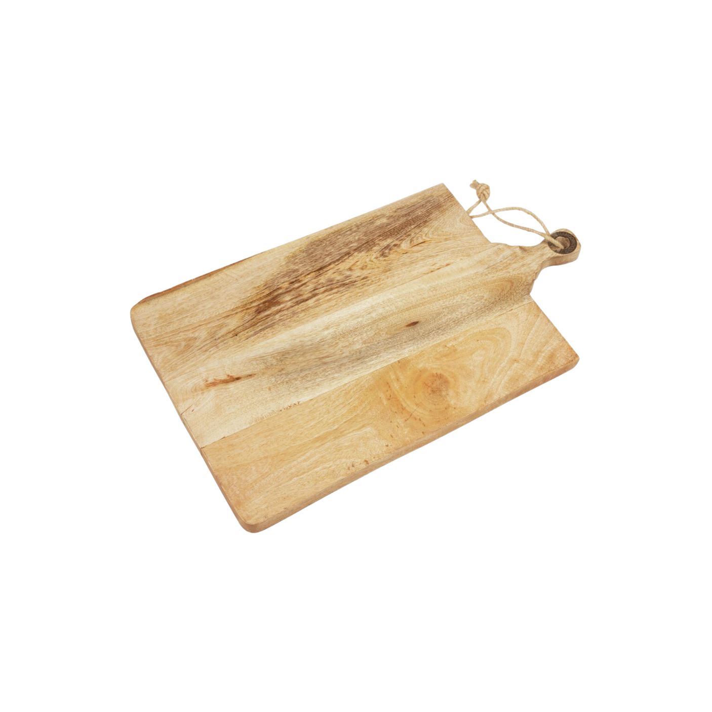 Rektangulær skjærefjøl i mangotre med håndtak og hyssing, 50x30 cm.