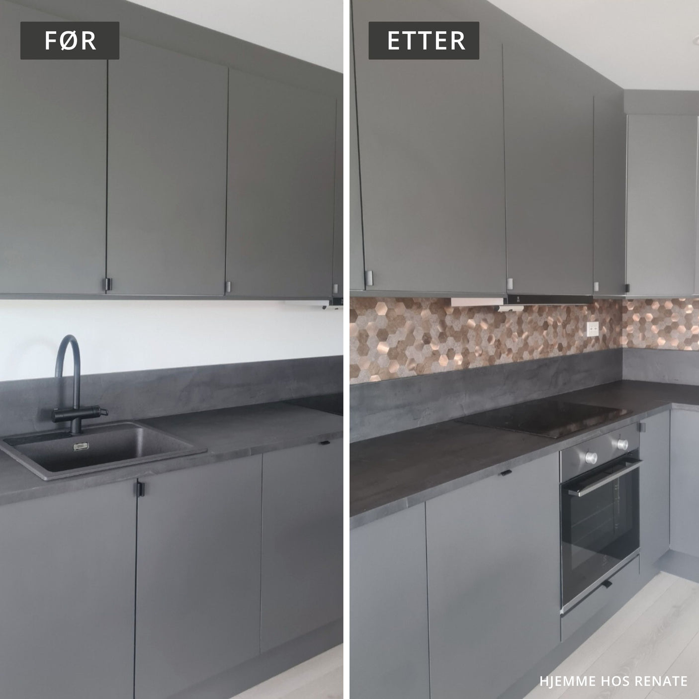 Før og etter: moderne hexagon veggfliser med metallisk effekt gi rommet en helt ny følelse.