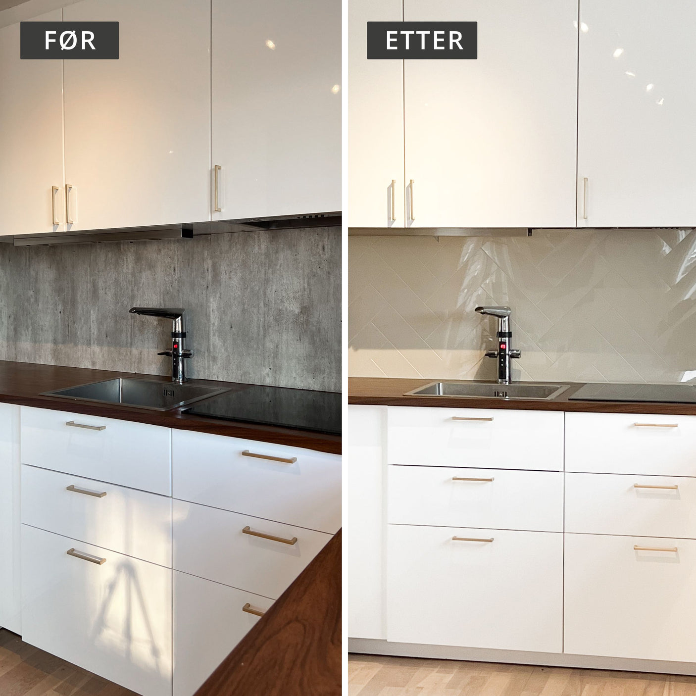 Før og etter bilde med Hailey beige fliser montert for et lysere, mer eksklusivt kjøkken.