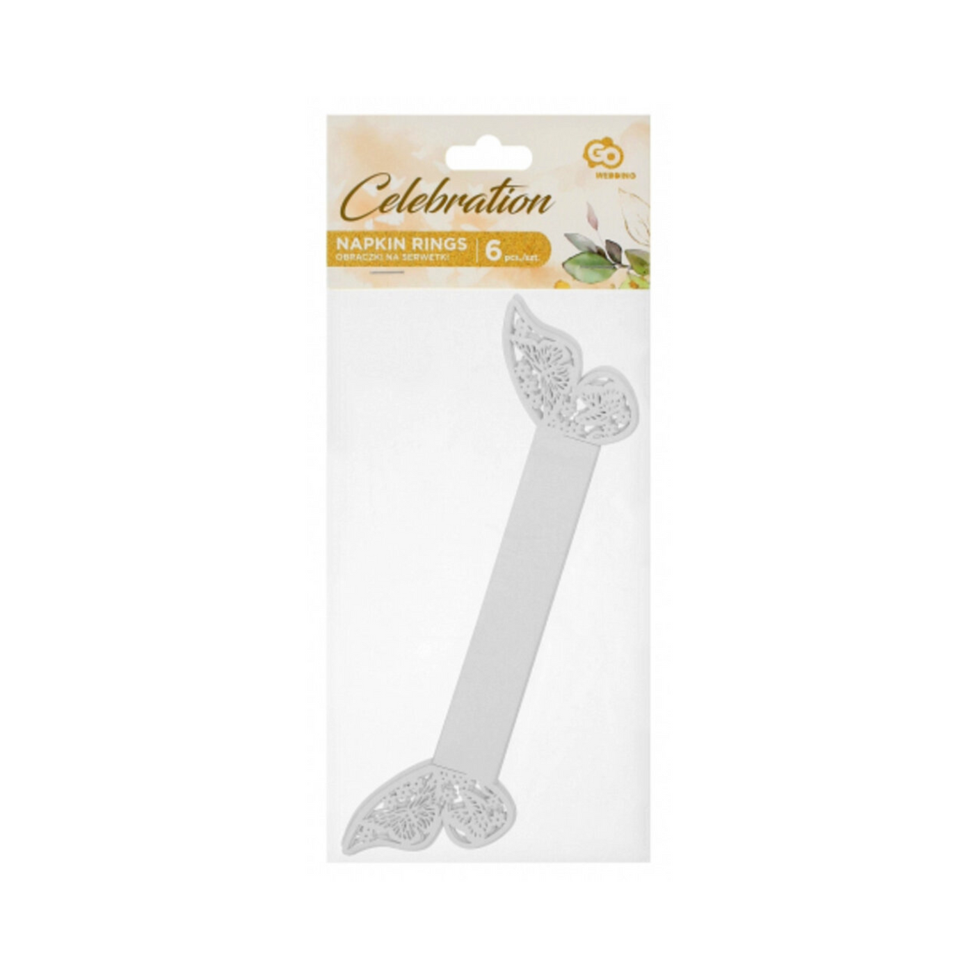 Én hvit sommerfugl-formet serviettring på hvit bakgrunn, sett forfra.