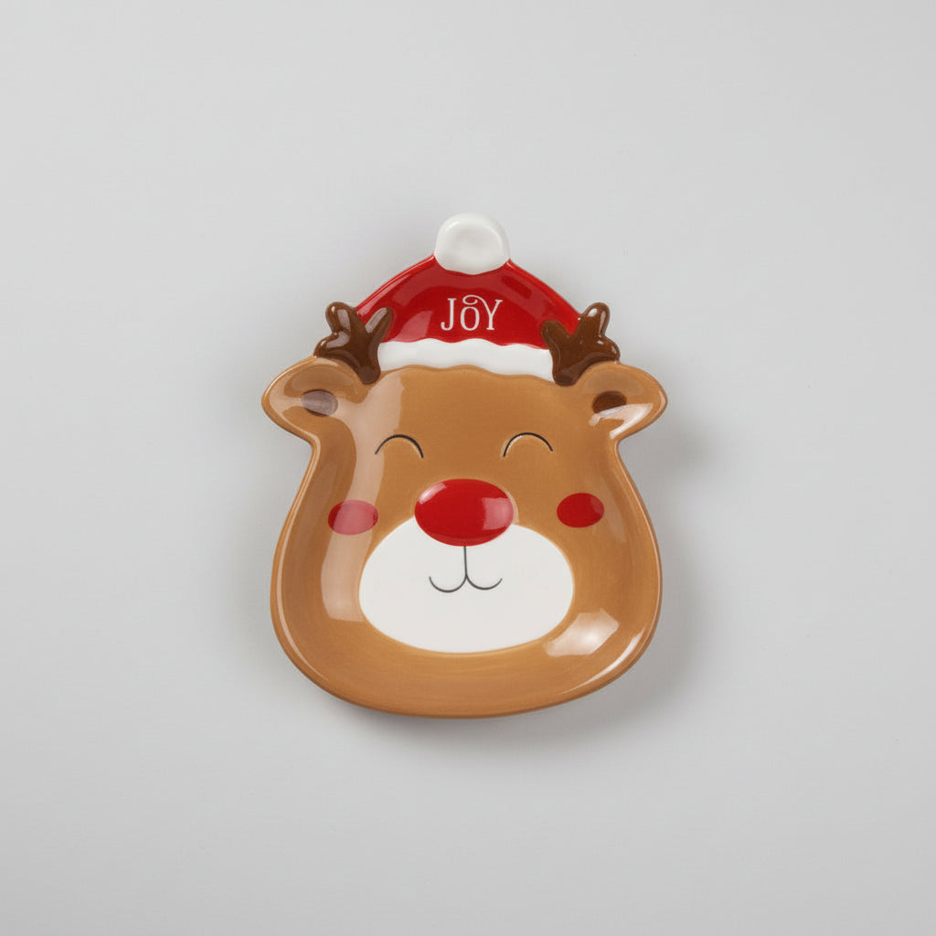 tallerken i keramikk formet som reinsdyr med nisselue