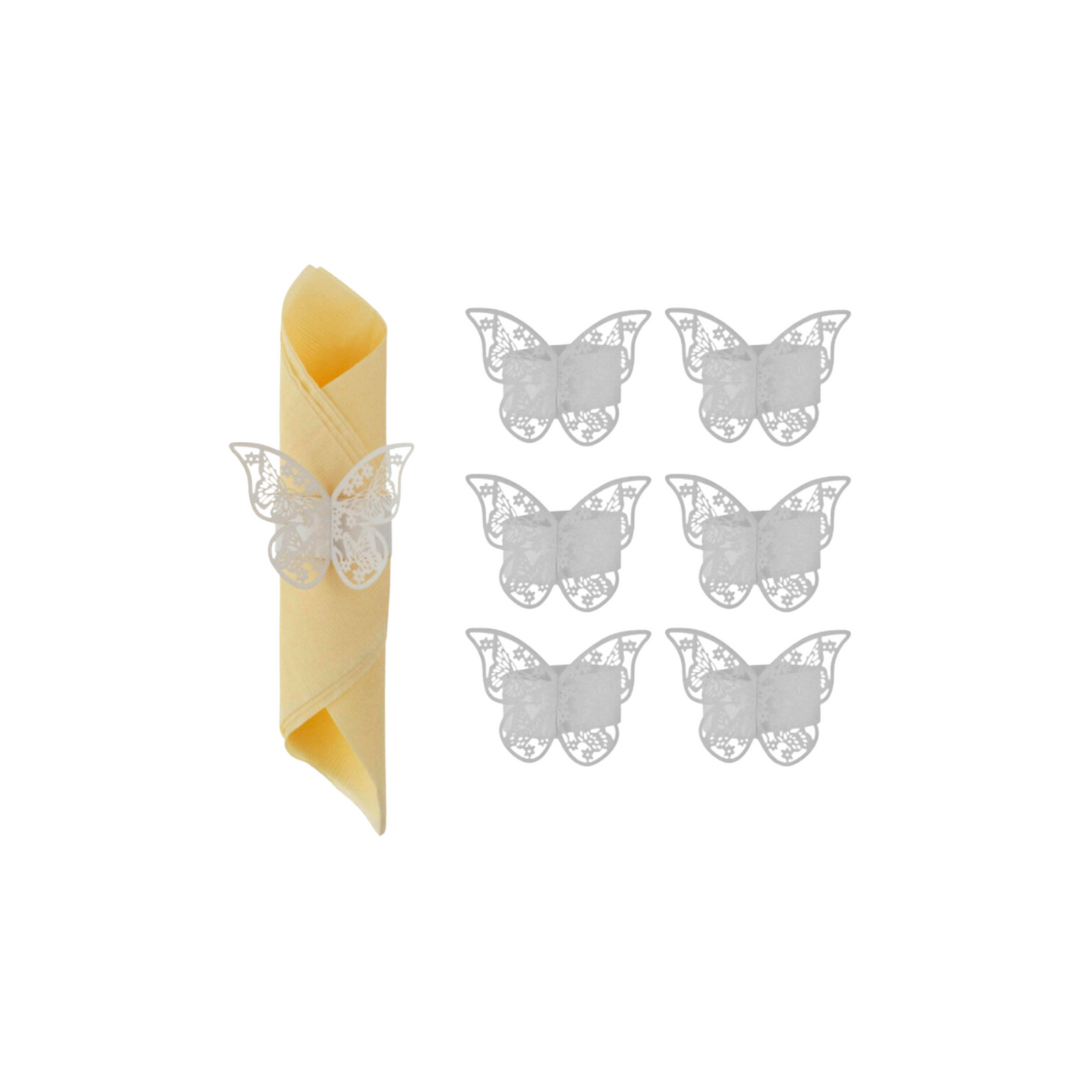Seks hvite sommerfugl-serviettringer vist sammen med en ring rundt en gul serviett.