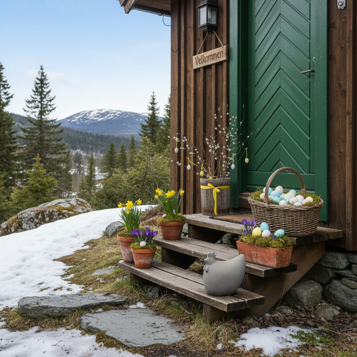 Betonghøne ved hyttedør med påskepynt