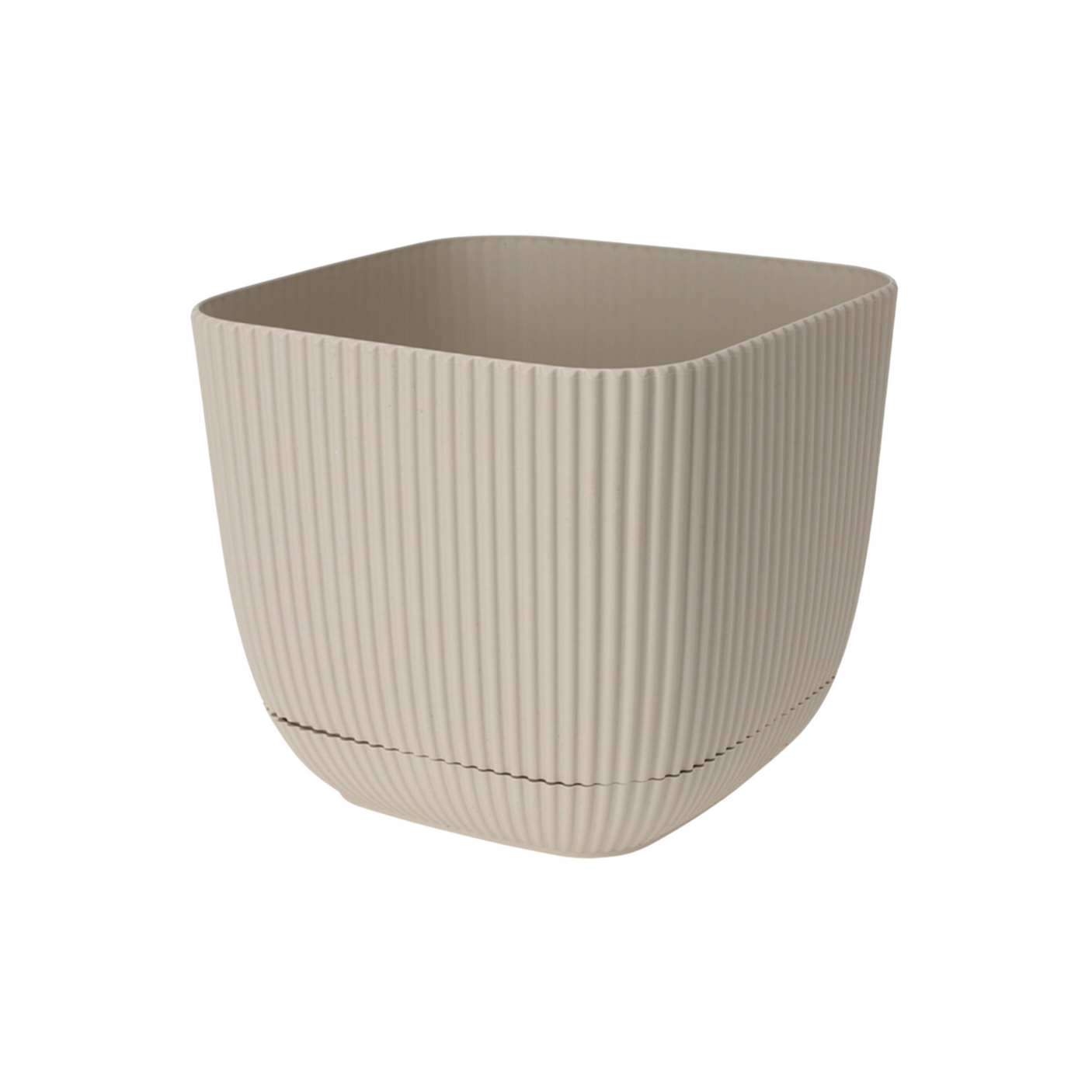 Beige rillet blomsterpotte i plast med avrundet firkantform, uten mål.