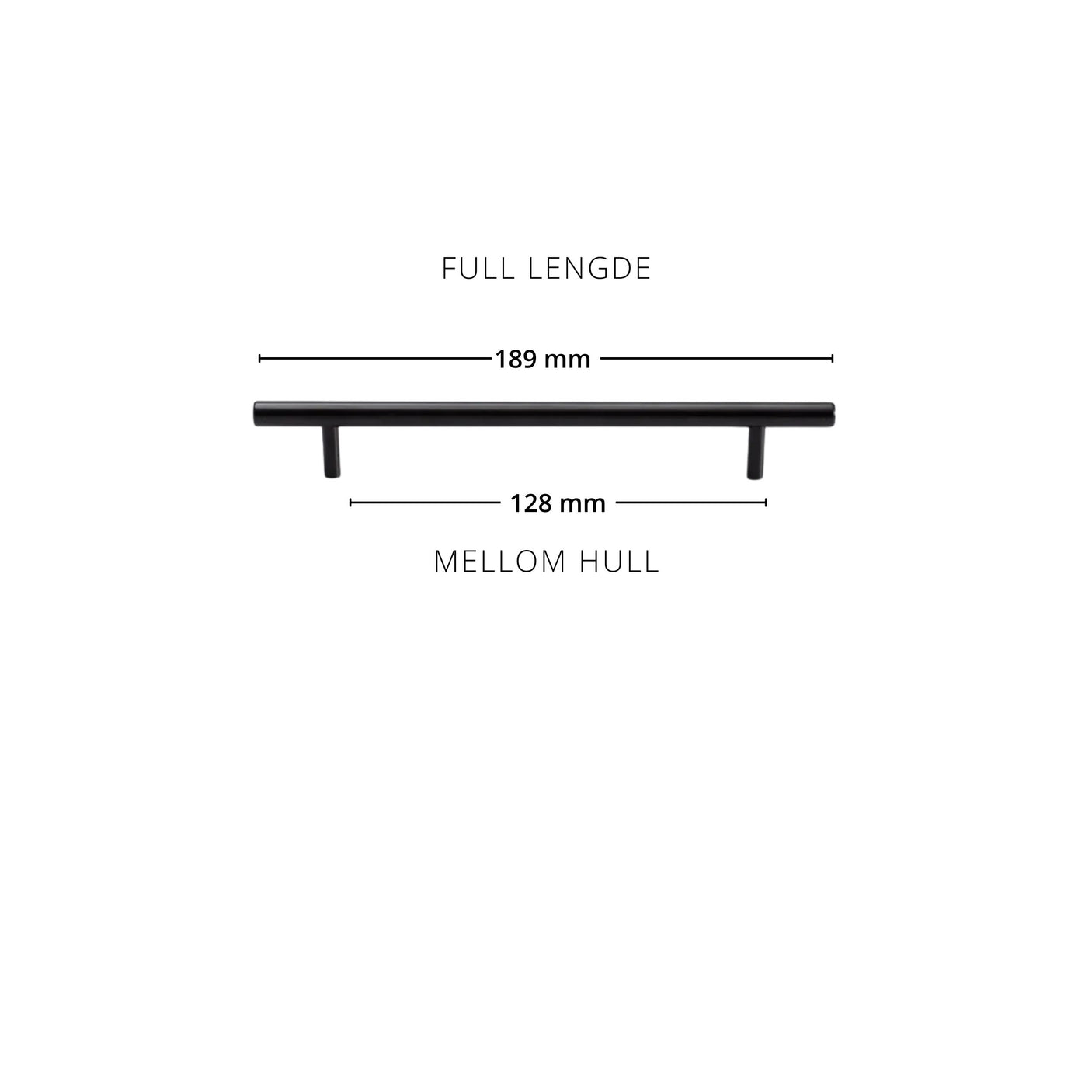 Illustrasjon med målskisse for Madrid håndtak sort matt. Viser nøyaktige størrelser for montering.