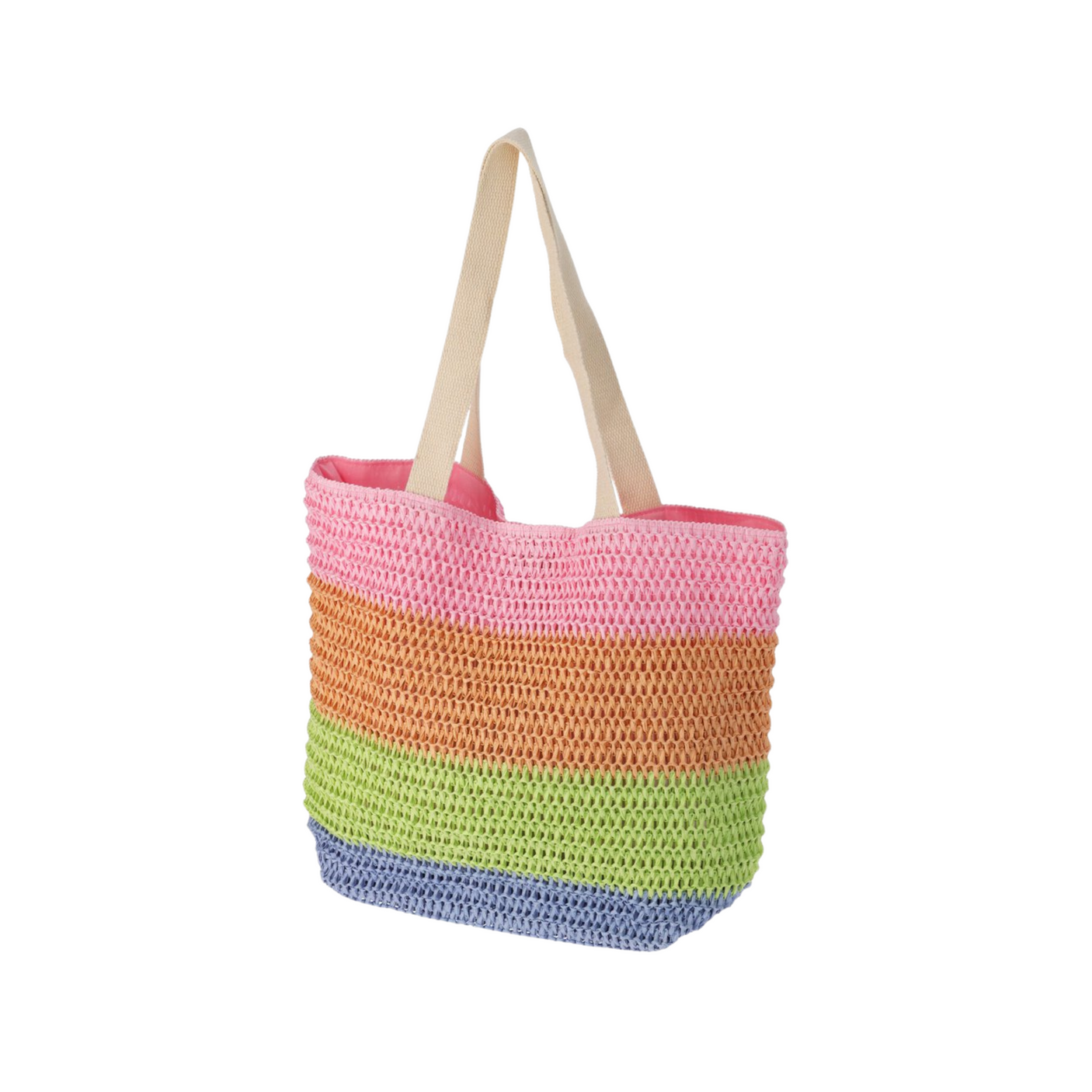 Flerfarget strandbag med beige håndtak, vist fra skrå vinkel med tydelig struktur og frisk fargekombinasjon.