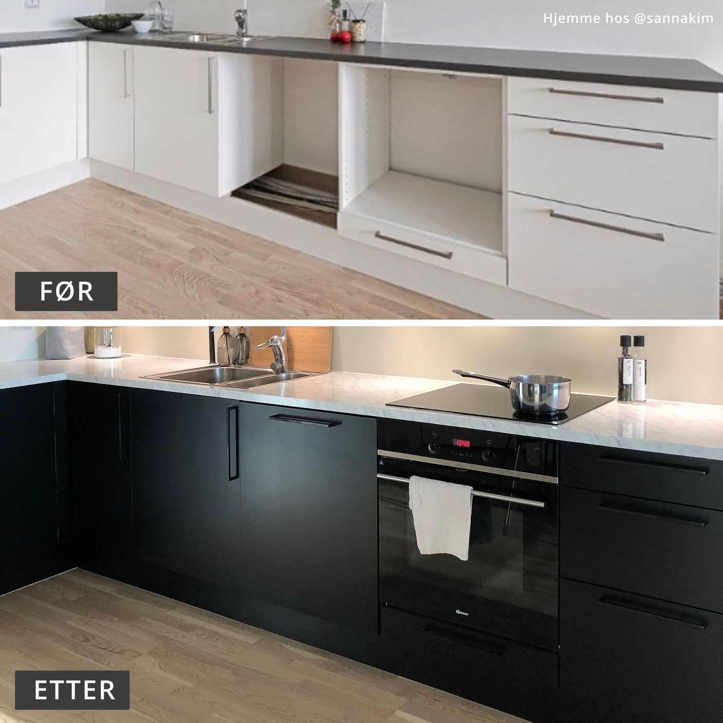 Sort kjøkken med marmor benkeplate kjøkkenkit