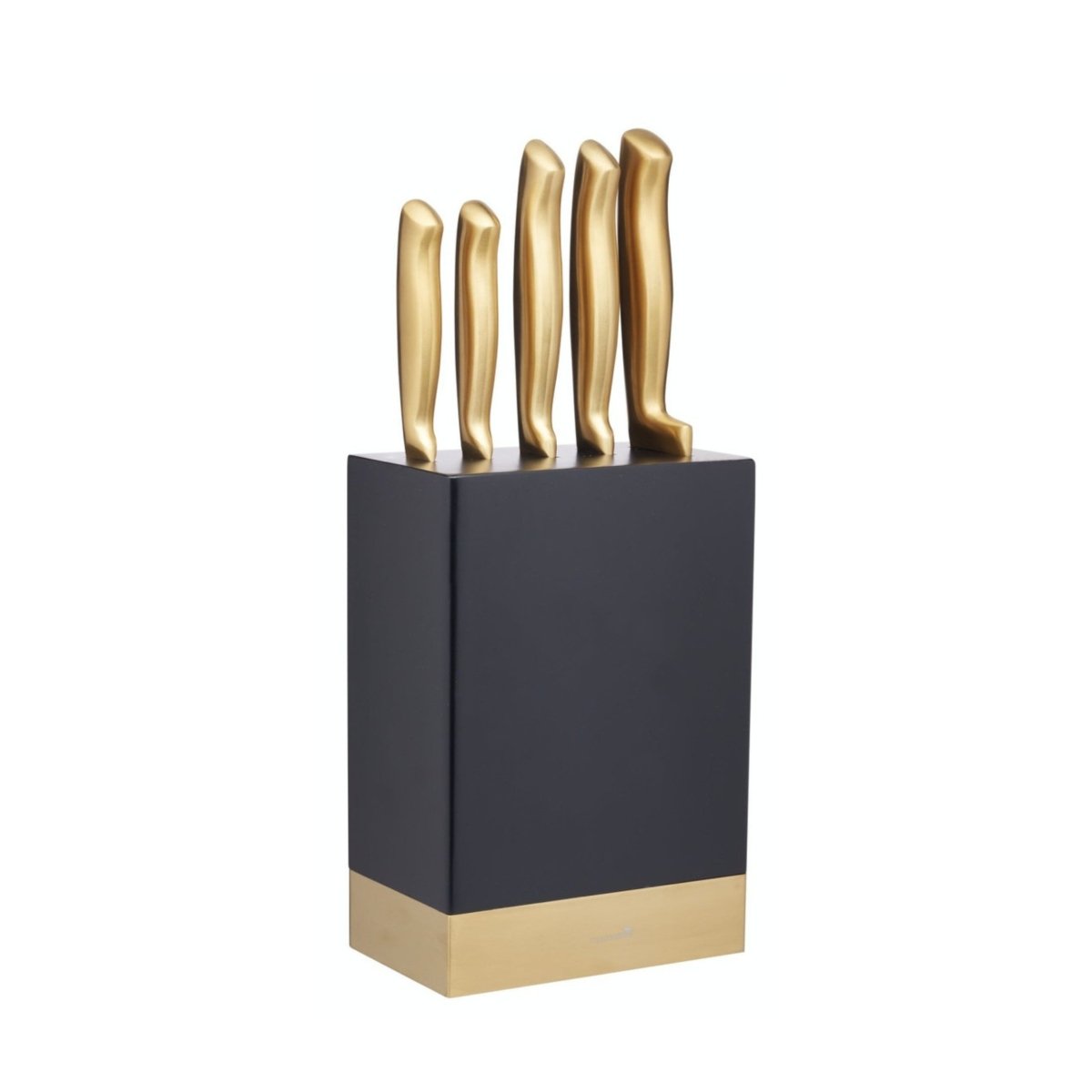5 - pk Knivsett med kniver og knivblokk i sort og messing - Lindas Dekor