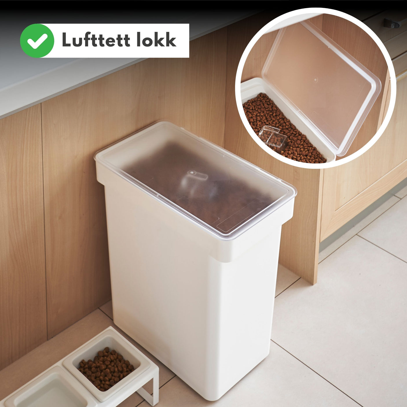 Hvit oppbevaringsboks for tørrfôr til kjæledyr. Lutftett lokk med silikonring