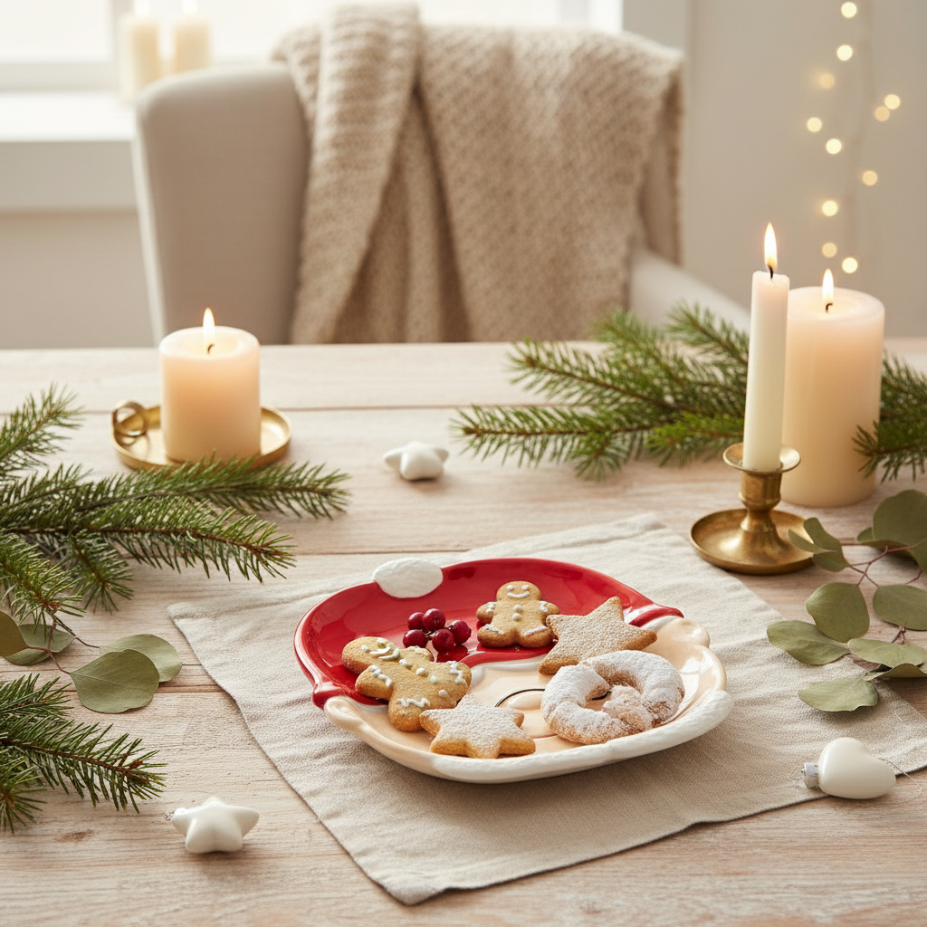 Koselig nissetallerken med rød og hvit design omgitt av granbar