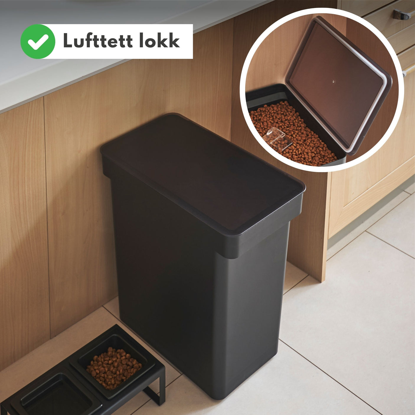 Oppbevaringsboks med stor kapasitet for kjæledyrfôr.