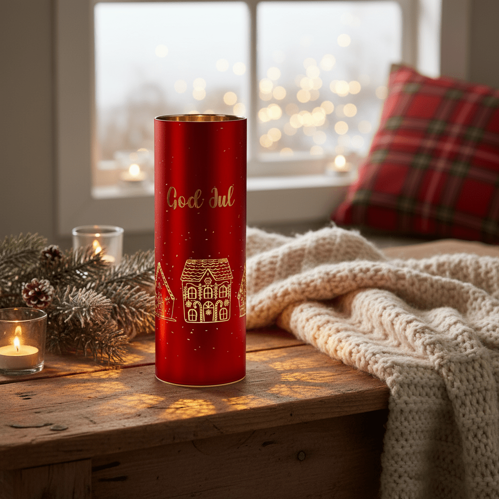 Lyslykt LED God Jul rød 9 x 25 cm - Lindas Dekor