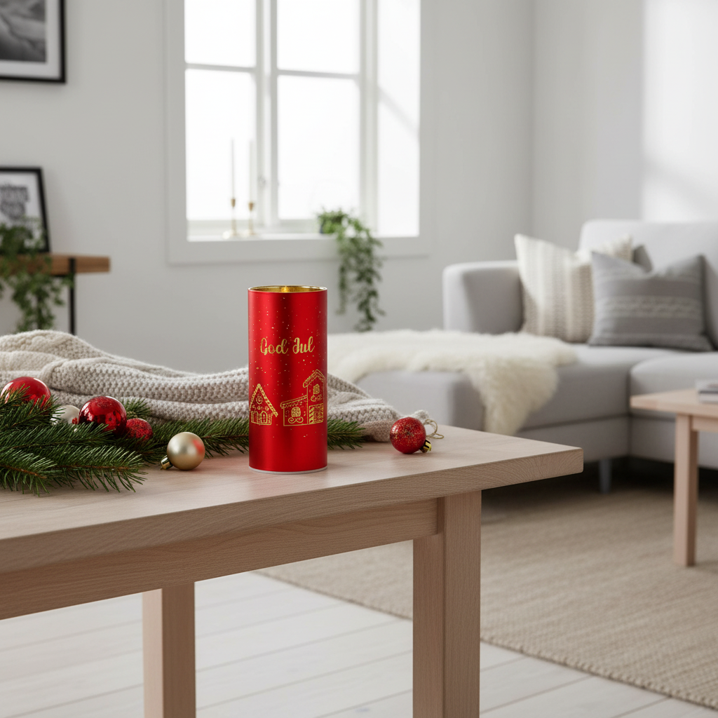 Rød LED-lykt med utskåret pepperkakeby og teksten God Jul