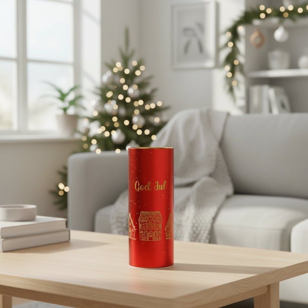 Lyslykt LED God Jul rød 8 x 20cm - Lindas Dekor