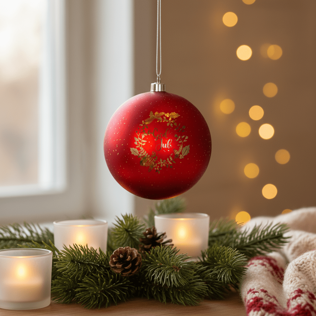 Rund rød LED-lyslykt med "God Jul" 15 cm - Lindas Dekor