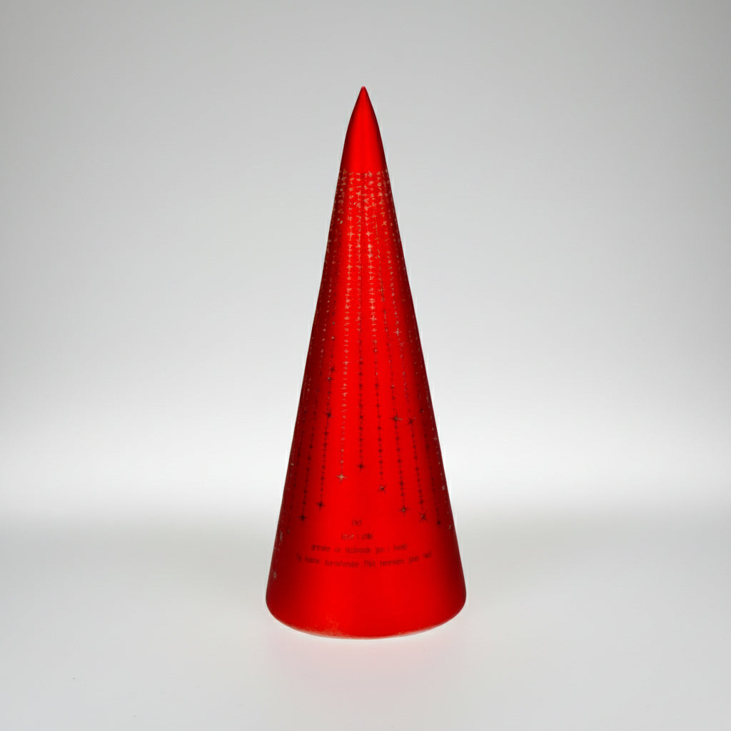 Rød kjegleformet LED-lykt med teksten Det lyser i stille grender