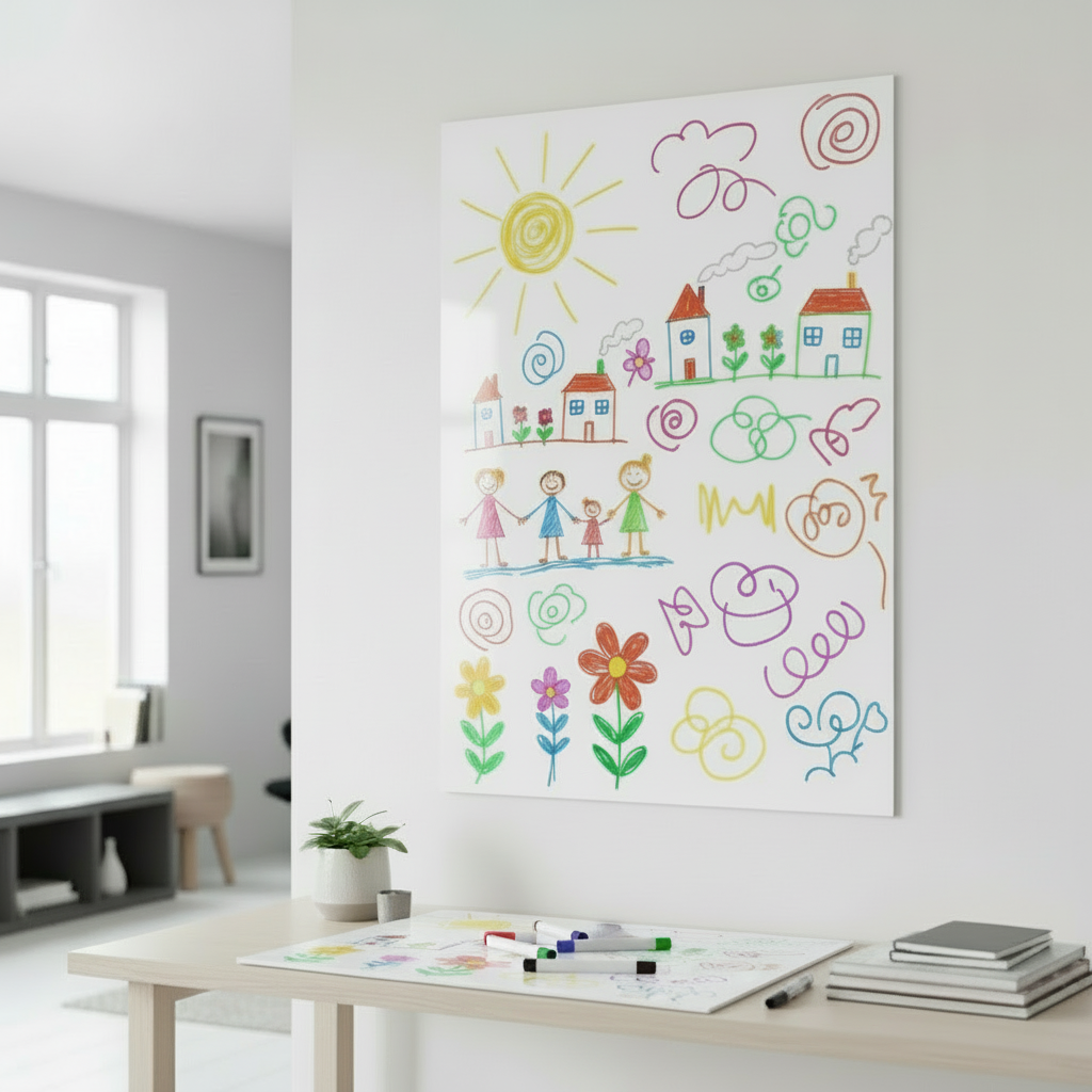 stor skriveflate dekorert med tegninger laget med whiteboardtusj