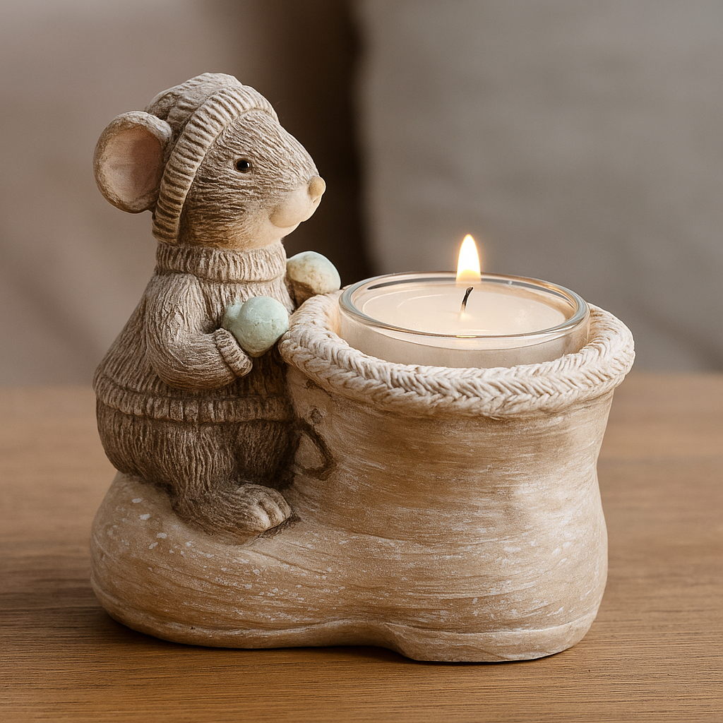 Dekorativ telysholder i form av en grå mus som sitter ved en sko med tent telys, plassert på et bord.