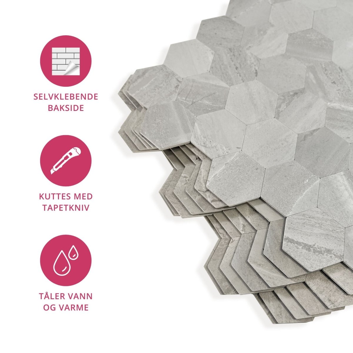 Vareprøve: Hexagon lysegrå betong selvklebende veggfliser - Lindas Dekor