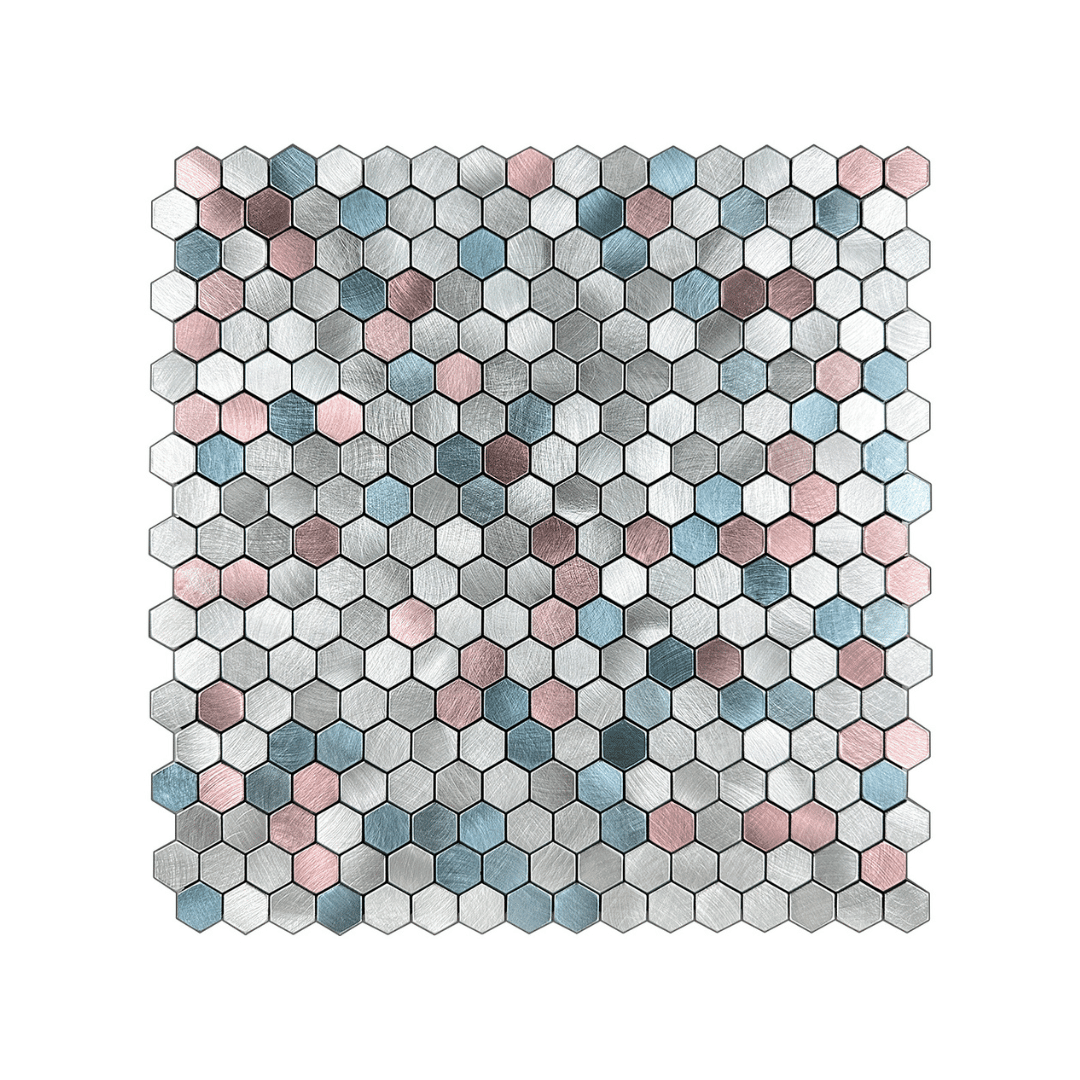 Miami selvklebende veggfliser imiterer små hexagonale veggfliser i rosa, blå og grå i pastell-toner. Nydelig til oppfrisking av kjøkkenet.